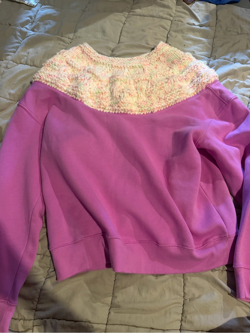 Women's Pink Pullover Sweatshirt with Cream Knit Yoke